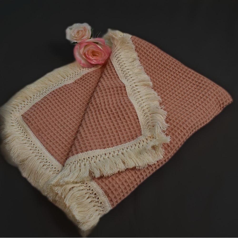 Pink Ultra Light Weight Baby Blanket With Cream Fringe
